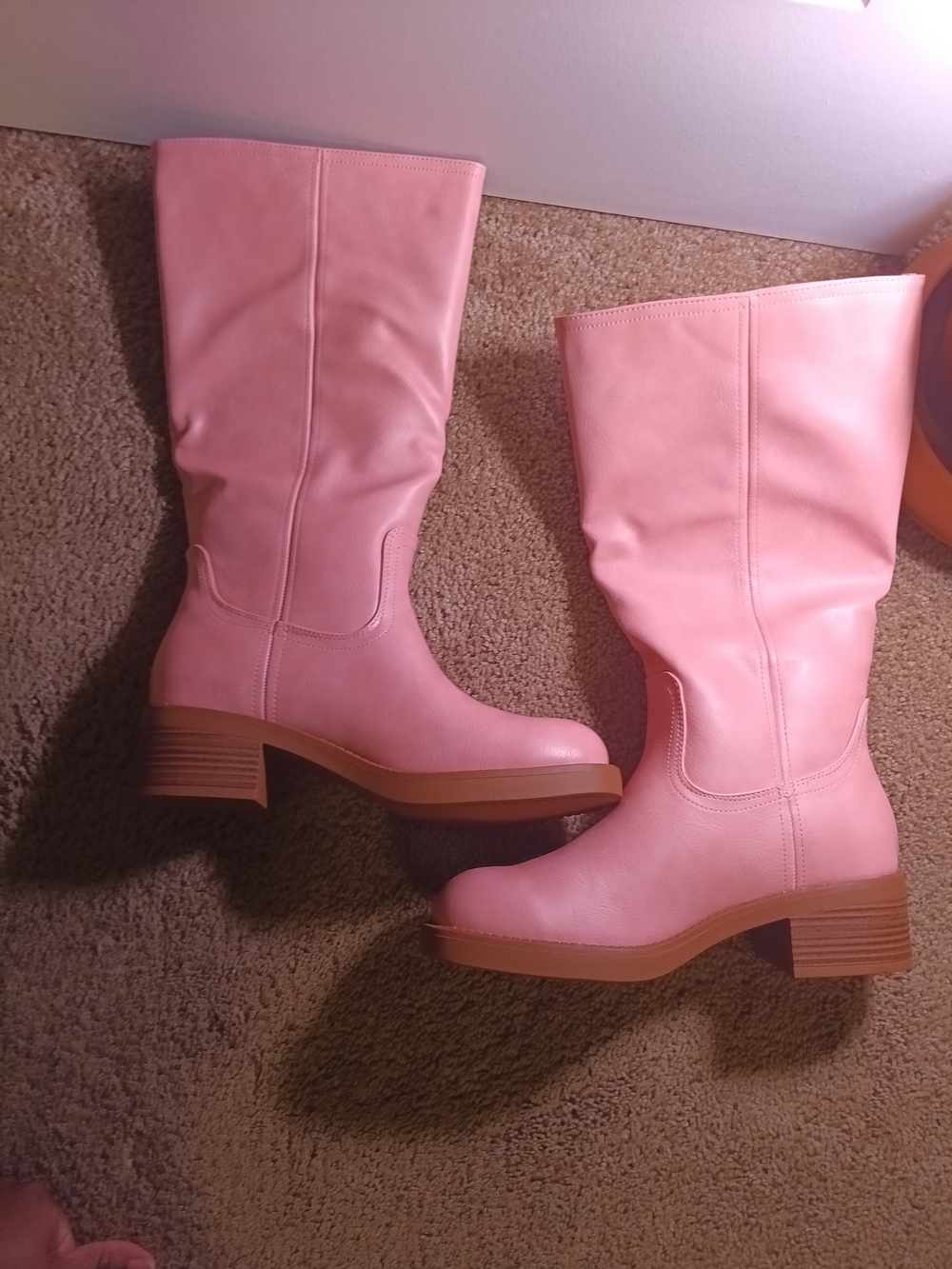 Pink Mid-Calf Block Heel Boots — Women's Fashion Boots